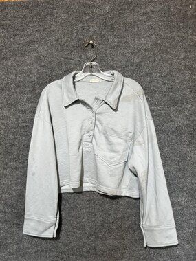 New In Polo Shirt Womens Medium Gray Collared Long Sleeve Cropped Jersey Top